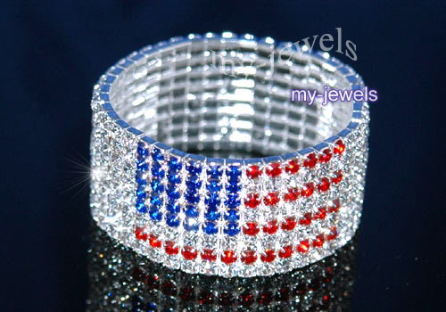 Row US Flag Rhinestone Stretch Bangle Bracelet B035  