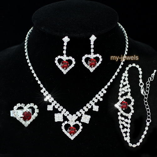 Red Crystal Heart Necklace Bracelet Ring Earrings S1032  